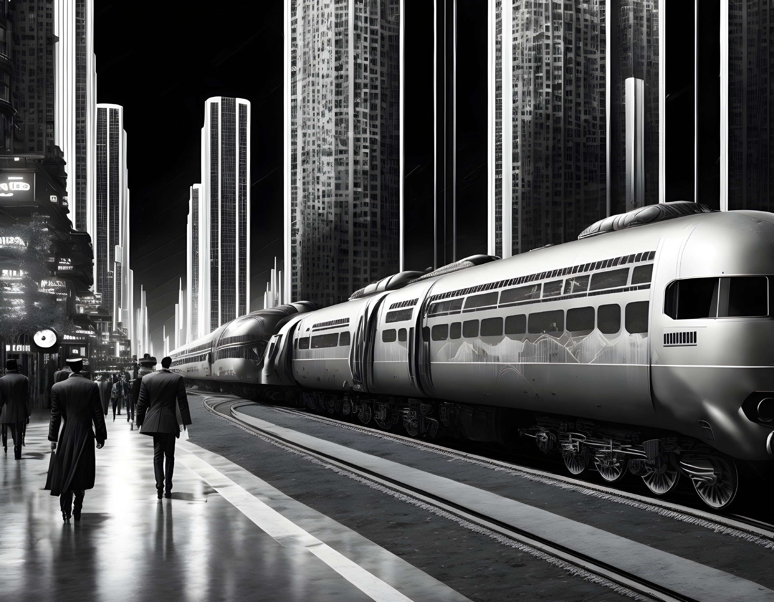 Monochrome futuristic cityscape with trains, skyscrapers, and pedestrians