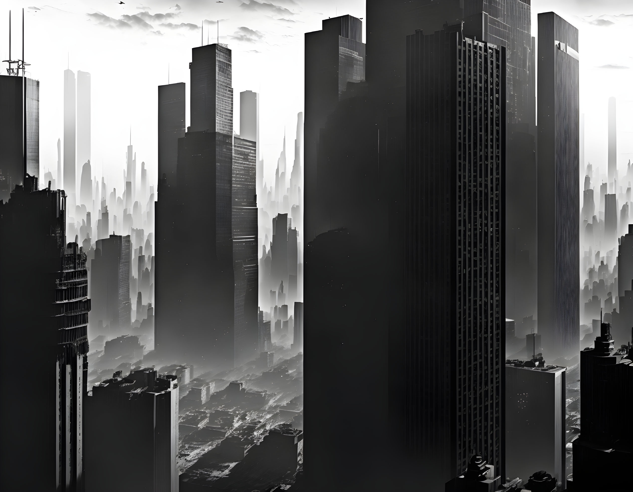 Monochromatic dense futuristic cityscape with mist-covered skyscrapers