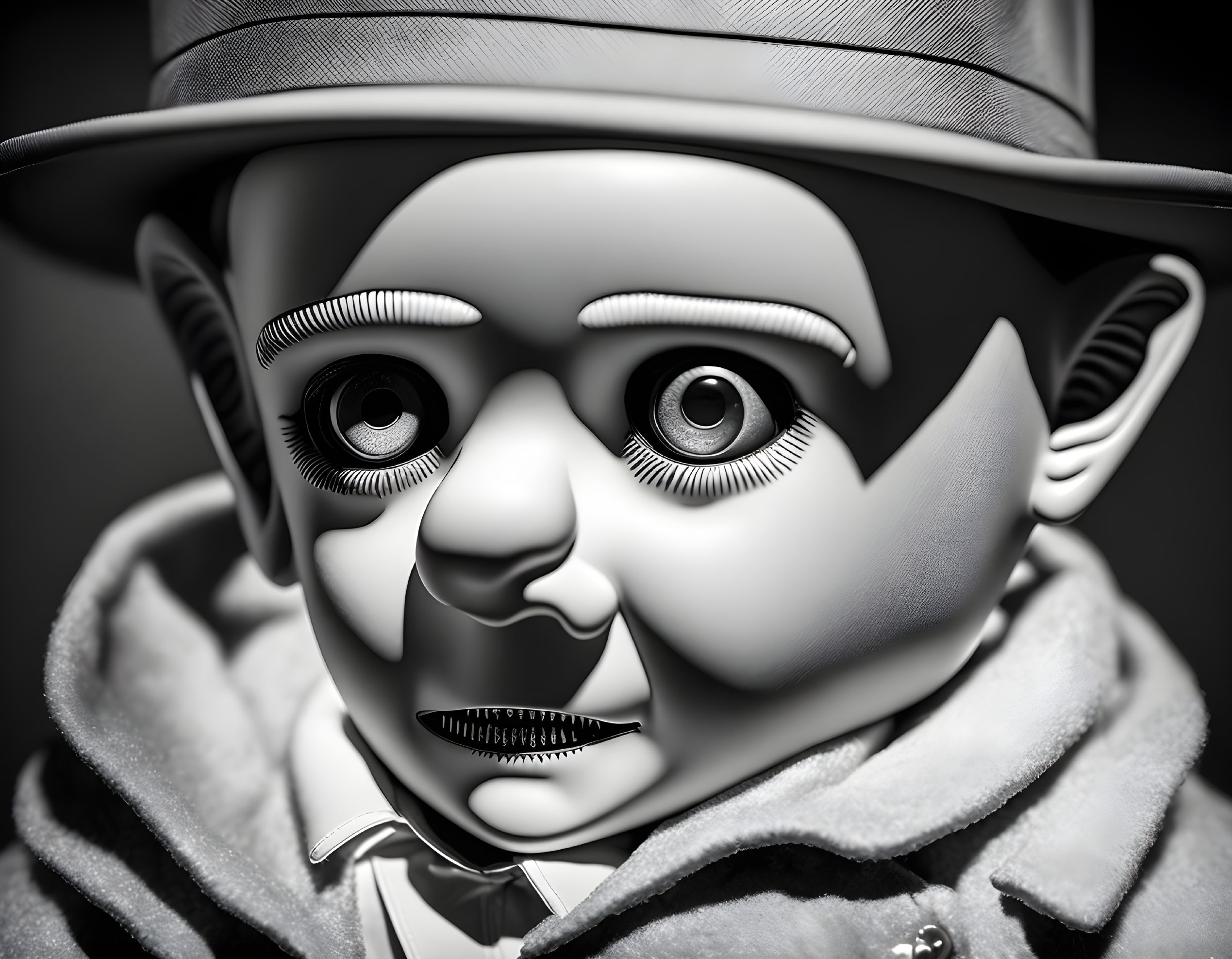 Monochrome baby doll with exaggerated features in hat and coat with eerie expression