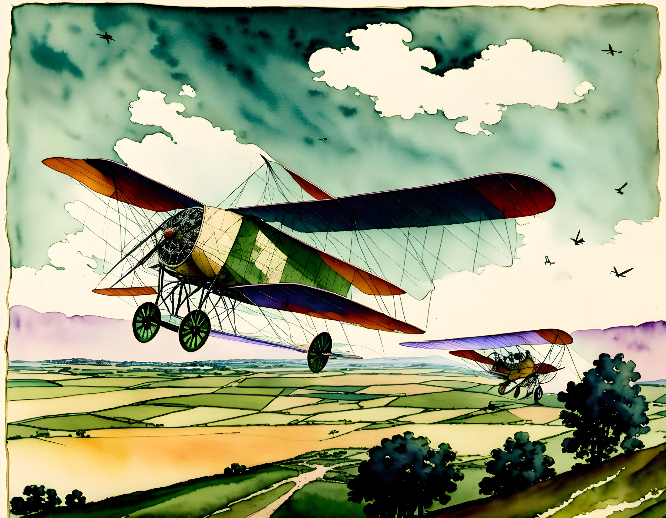 Vintage Biplanes Flying over Colorful Landscape with Cloudy Sky