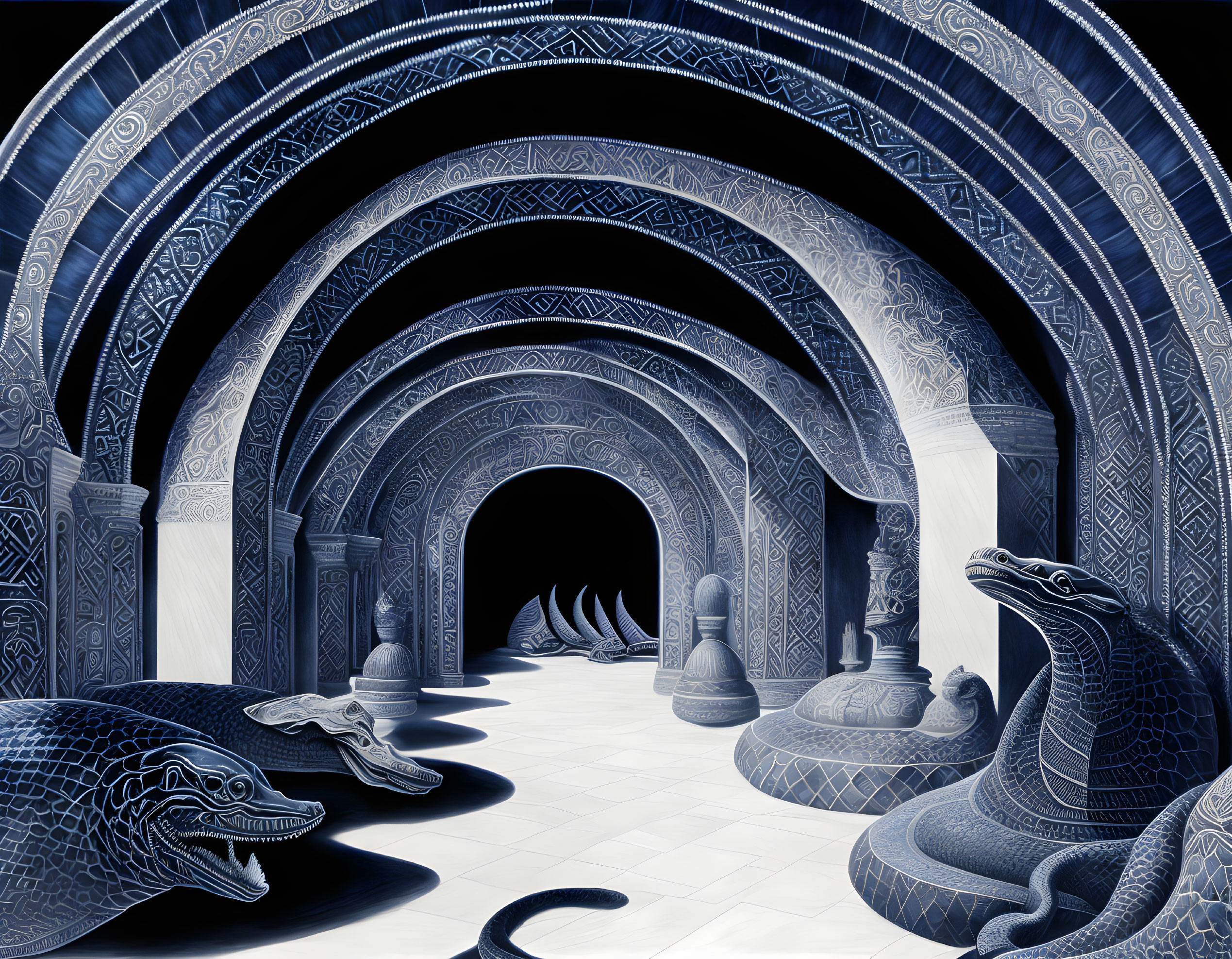 Detailed Black and Blue Illustration of Arched Passageways with Snake Statues