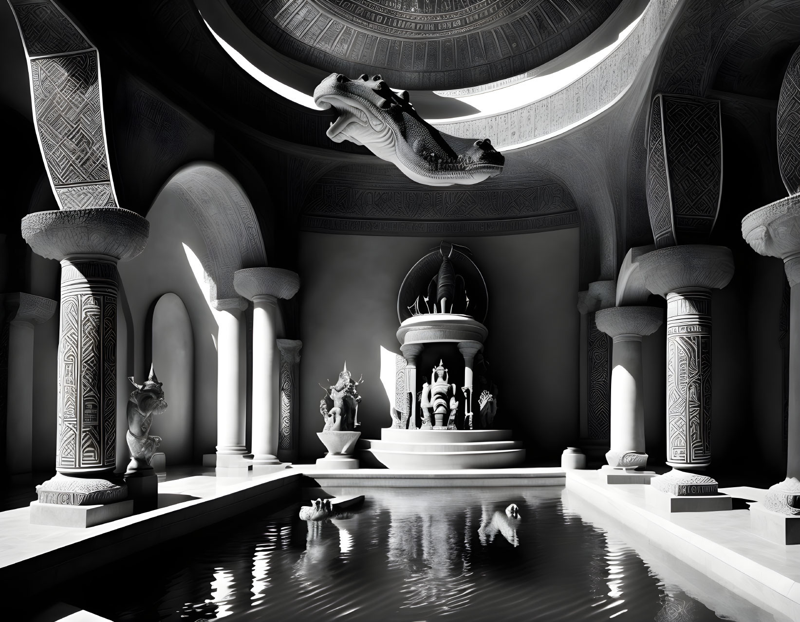 Monochrome throne room with sculptures, central throne, crocodile statues, and reflective water surfaces