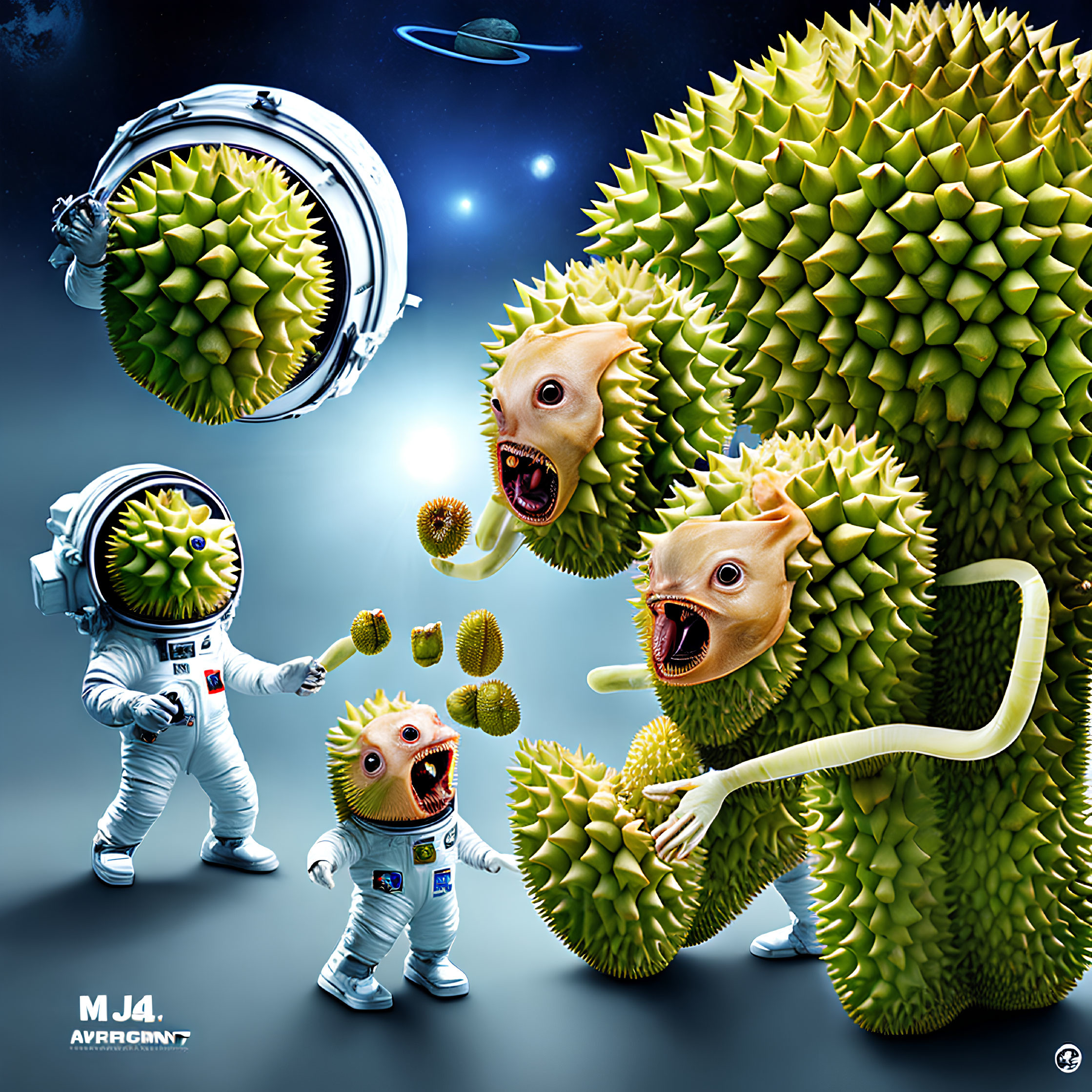 Astronauts encounter durian-like aliens in space scene