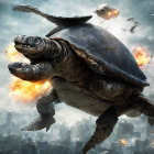 Gigantic flaming turtles soar over apocalyptic cityscape