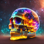 Transparent Skull with Vibrant Colors on Cosmic Background