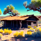 Rustic wooden cabin in desert landscape with vibrant foliage