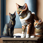 Three cats depicted as ancient Egyptian royalty with gold and blue accessories, posing on a pedestal