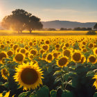 Scenic sunrise view of sunflower field with trees and mountains