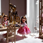 Four elegant dolls having a tea party in softly lit room