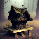 Miniature moss-covered house in foggy forest with rooster and red mushrooms