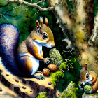 Colorful Forest Scene: Three Squirrels with Pinecone and Acorns