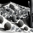 Desert landscape featuring cheetahs, cacti, and rocky hills