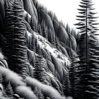 Snow-covered pine trees on steep mountainside with tall tree.