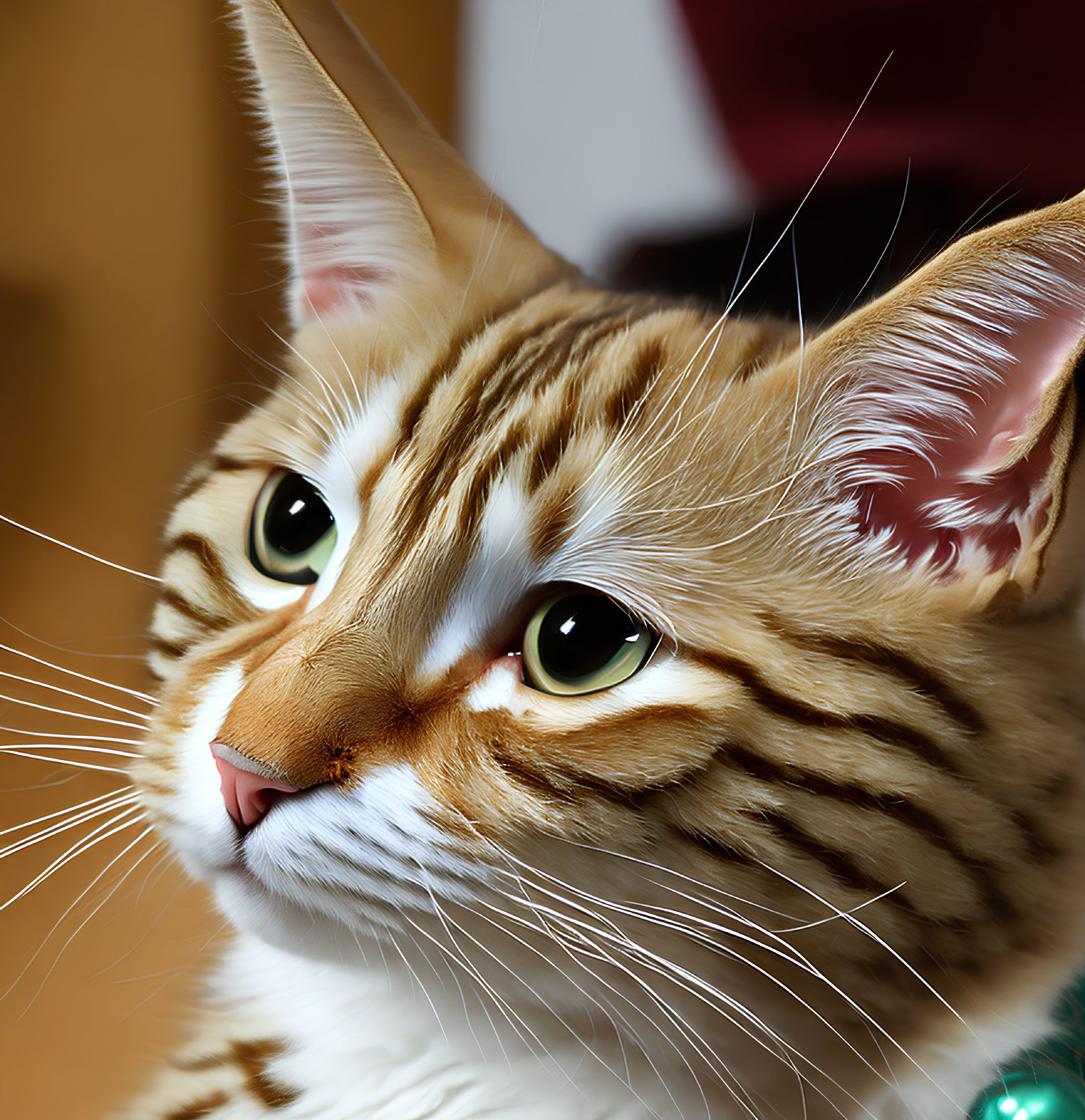 Domestic Cat with Green Eyes and Brown-Striped Fur Coat Close-Up