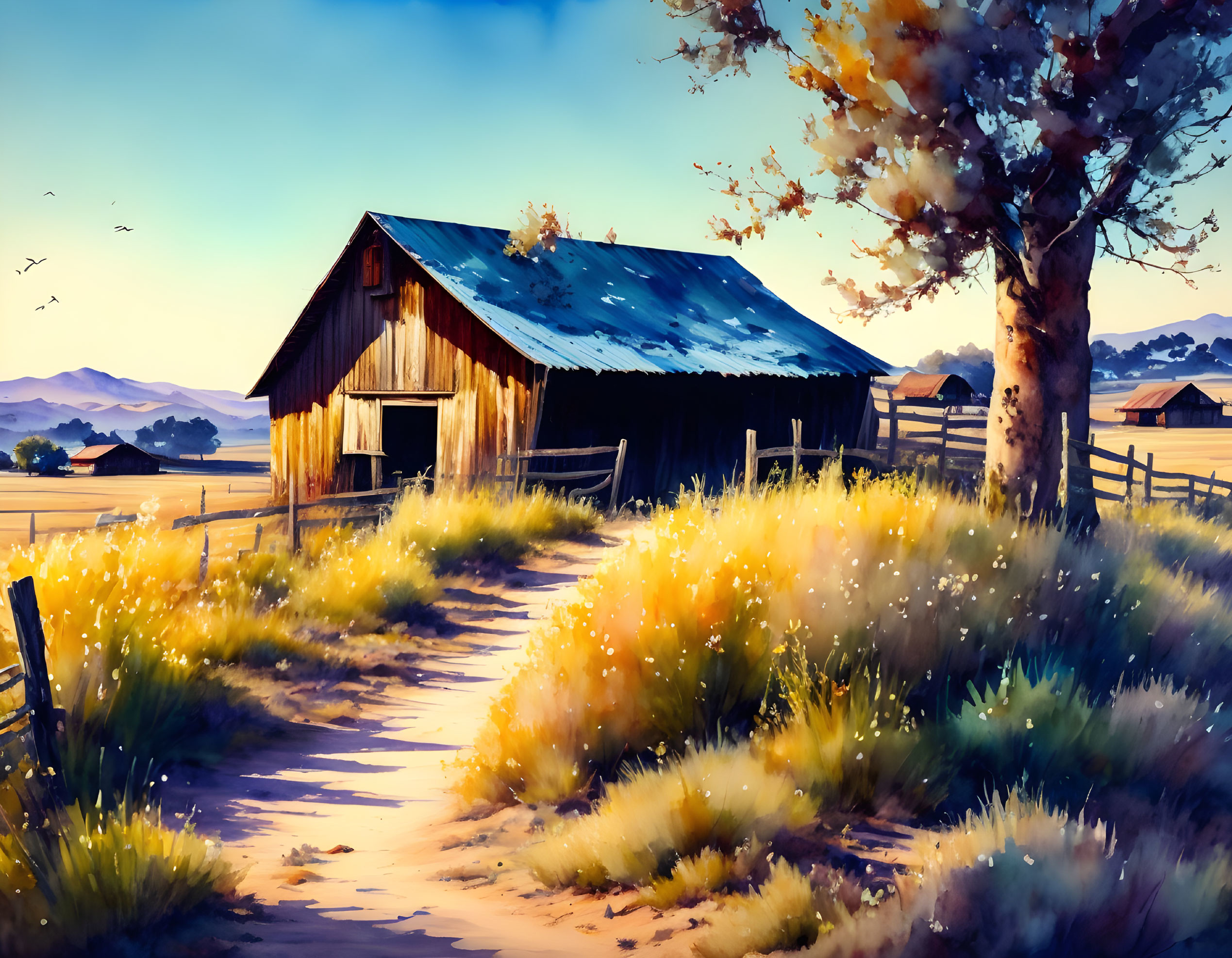 Weathered wooden barn in golden fields with autumn tree under clear blue sky