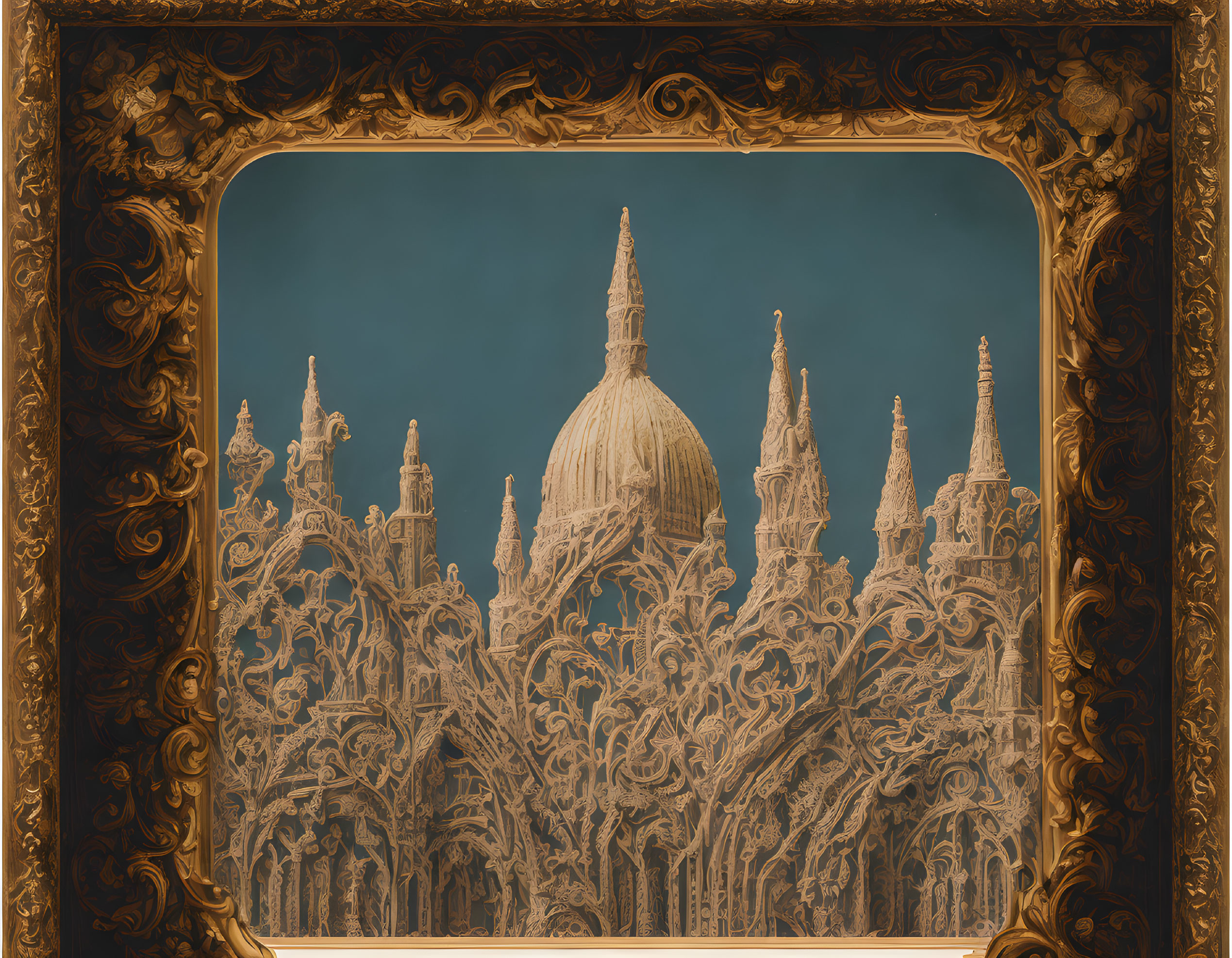 Intricate Gothic architectural structure in ornate golden frame