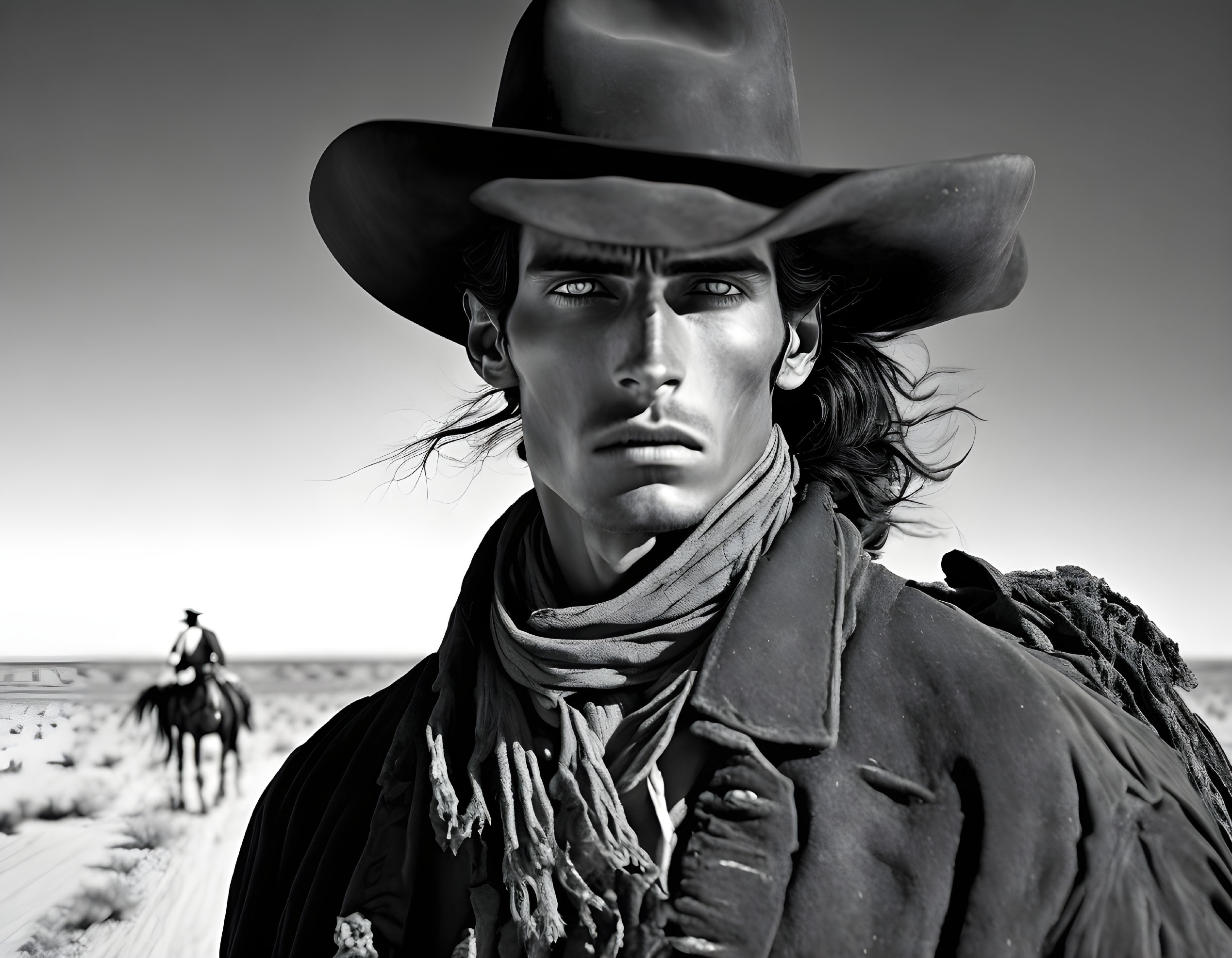 Monochrome image of rugged cowboy in wide-brimmed hat with contemplative gaze