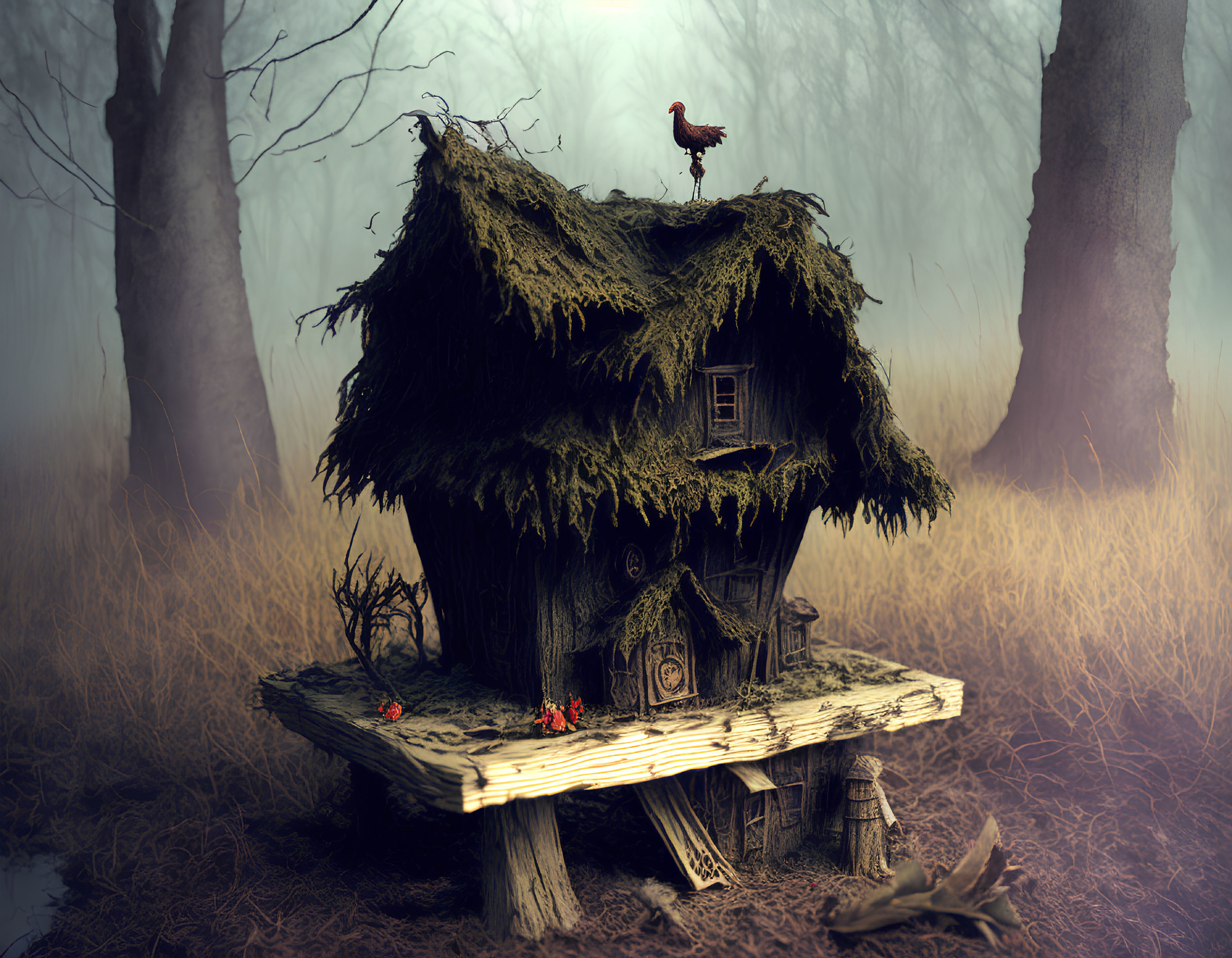 Miniature moss-covered house in foggy forest with rooster and red mushrooms