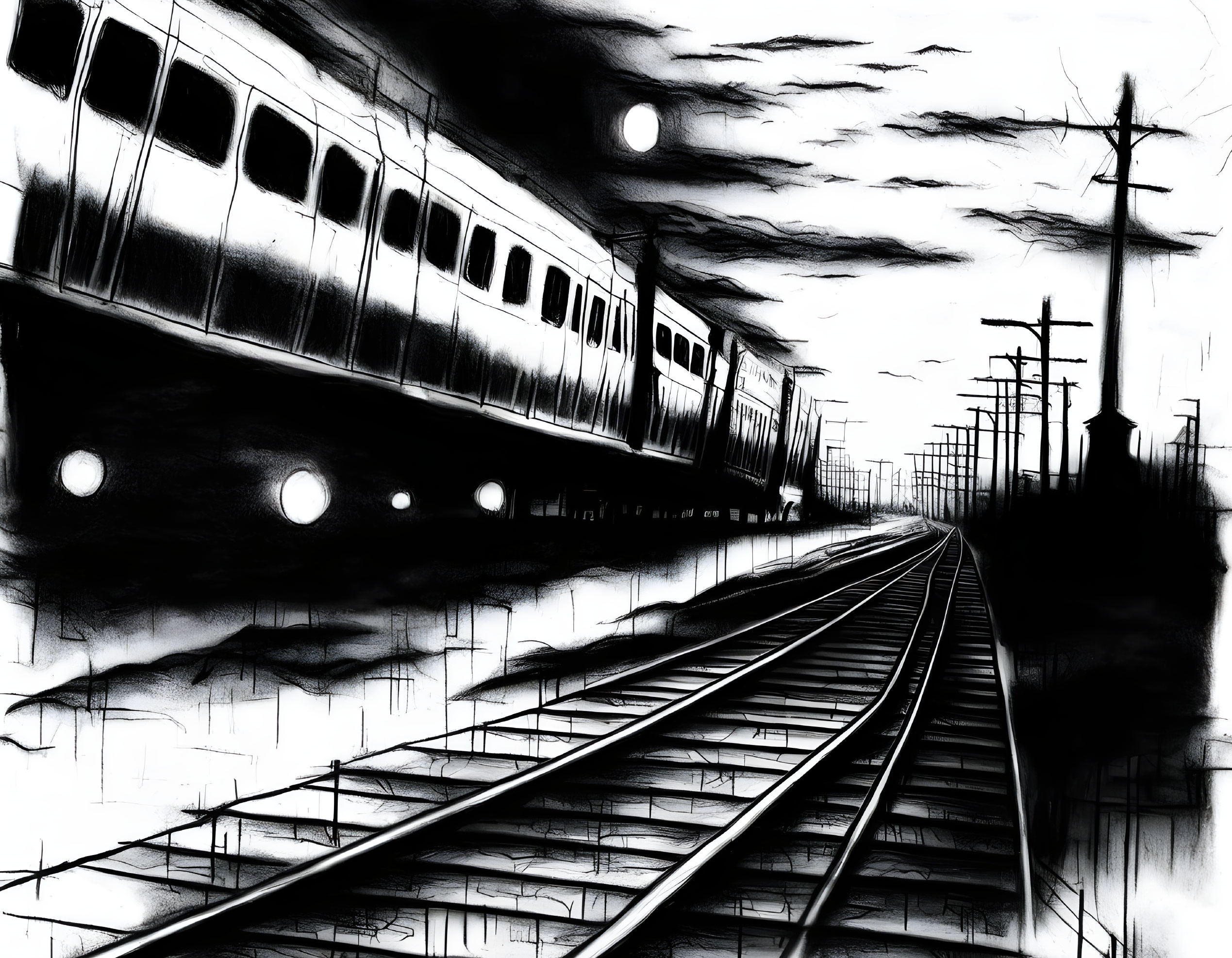 Monochrome train in motion at night on railway track under full moon