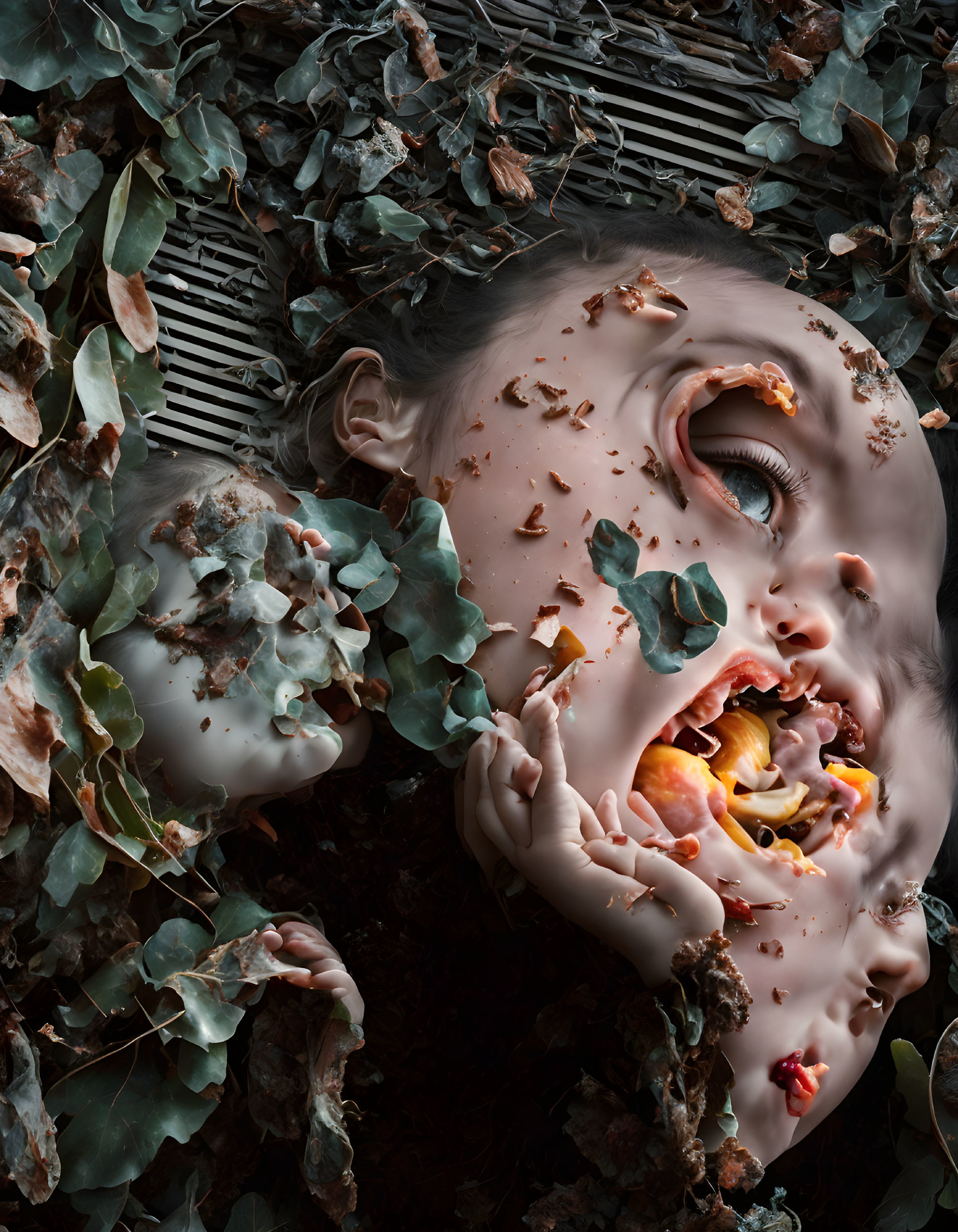 Surreal portrait blending leaves and textures for striking collage effect