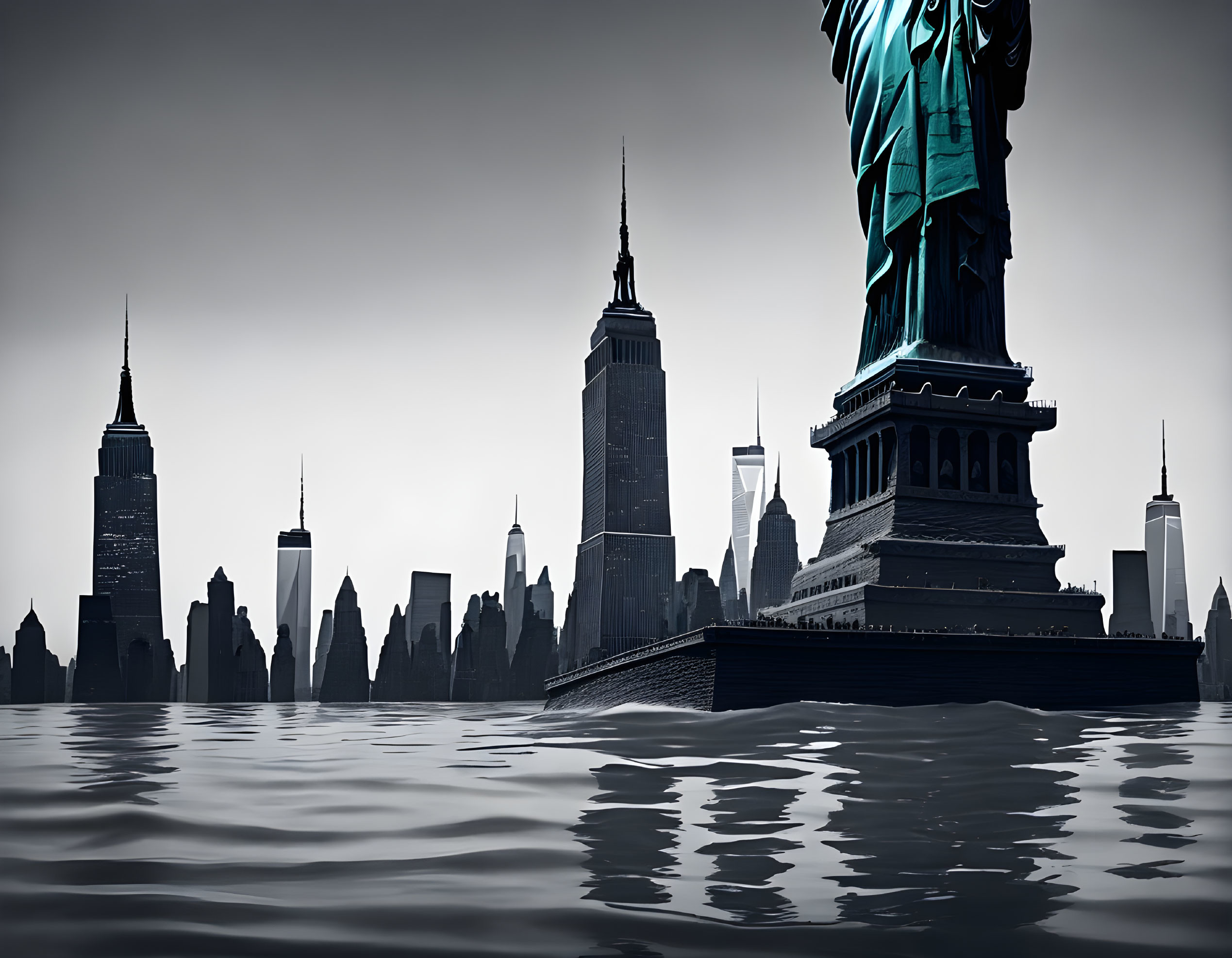 Monochromatic Statue of Liberty with flooded NYC skyline