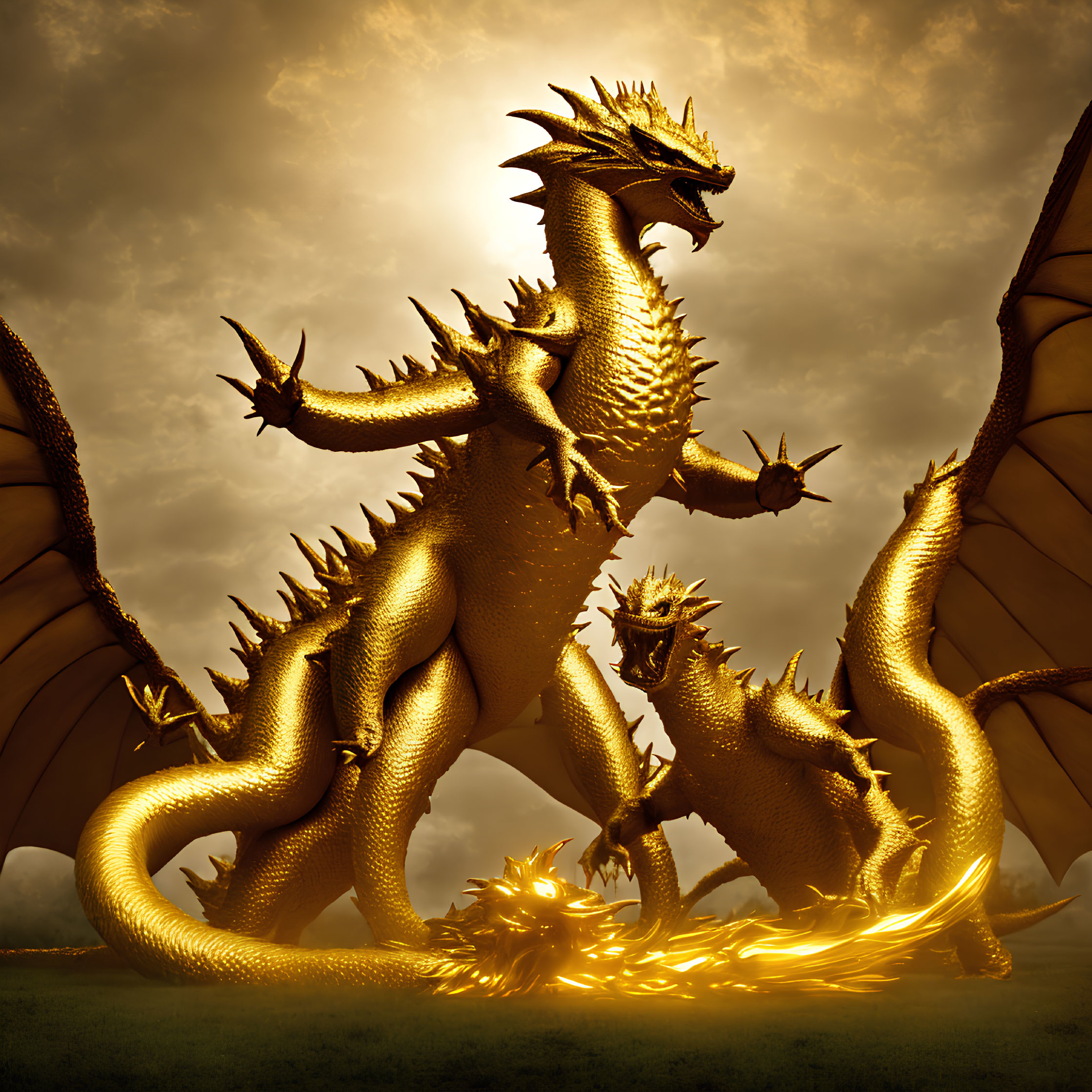 Golden Multi-Headed Dragon with Large Wings and Fiery Breath