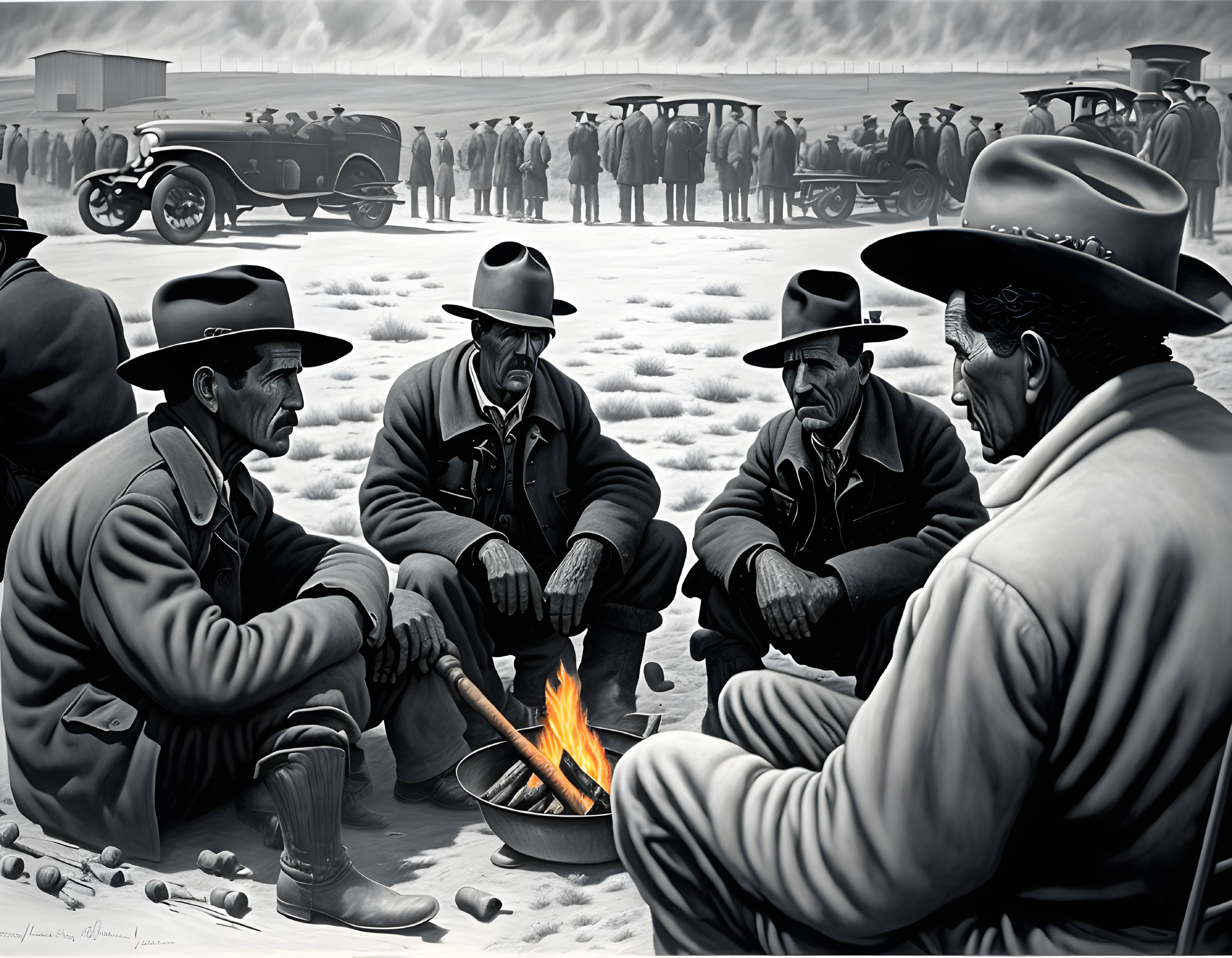 Vintage cars and crowd background with four men in cowboy hats around a fire in monochromatic tones