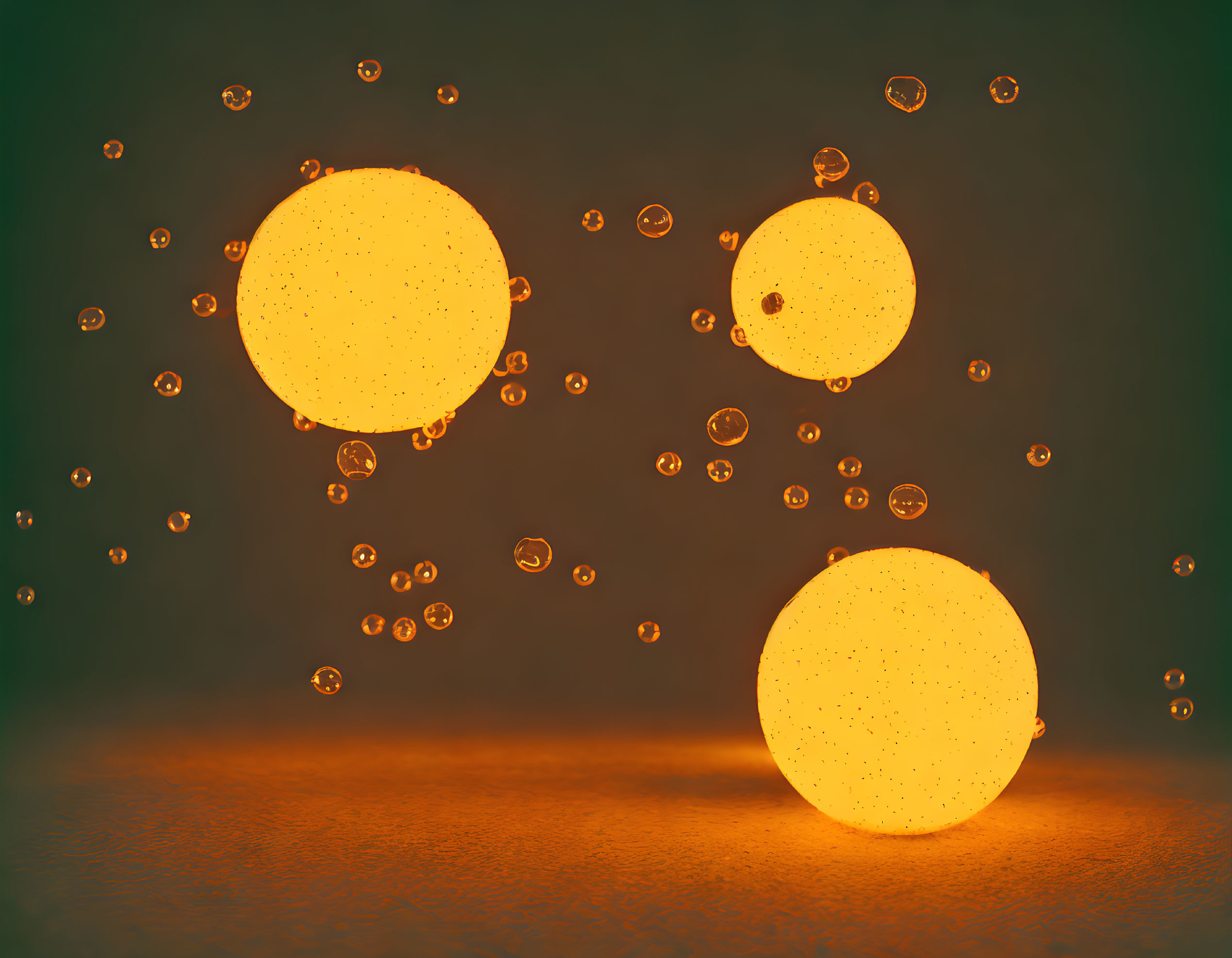 Floating orange spheres on dark green background: A mesmerizing display.