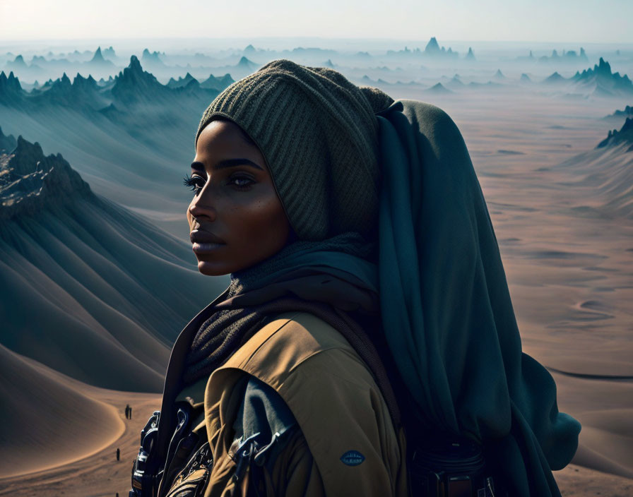 Person in headscarf gazes at desert dunes under hazy sky