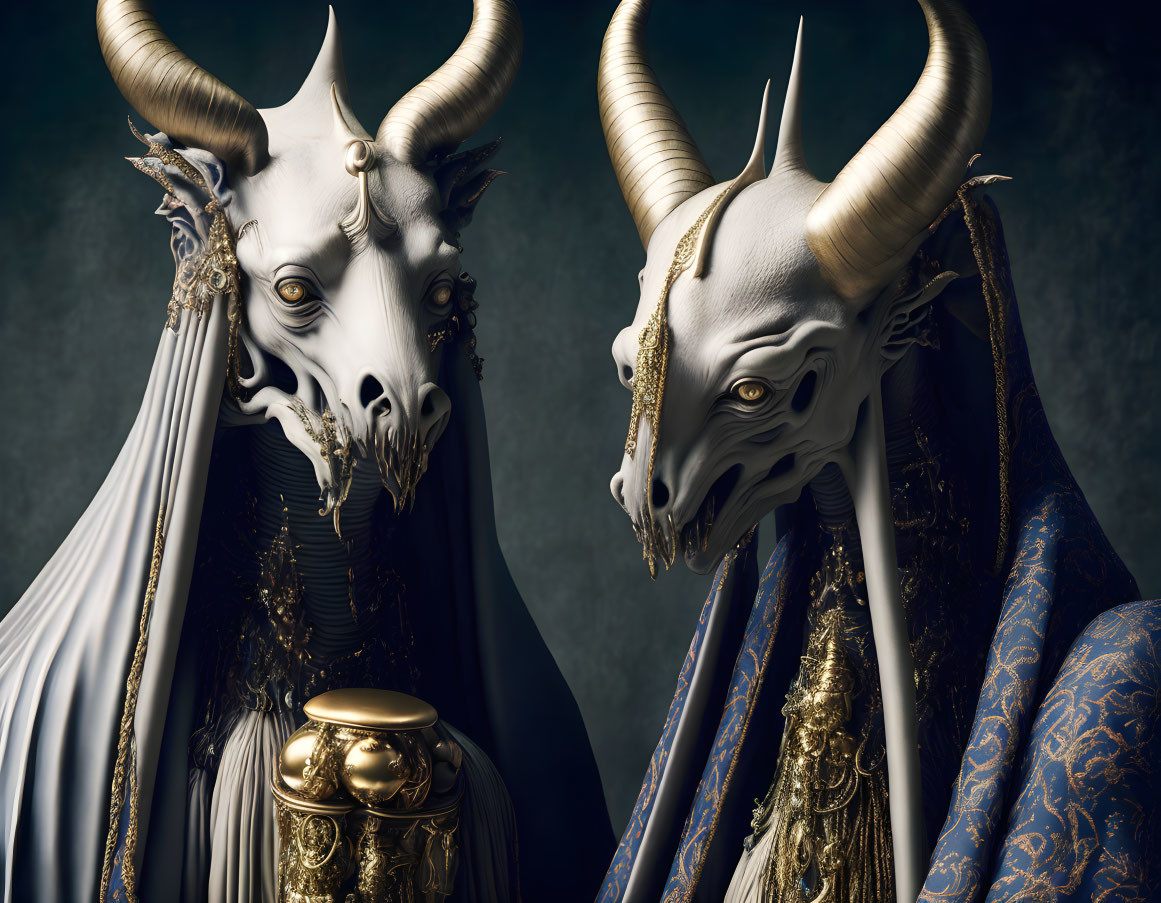 Ornate dragon-like creatures in rich blue robes face each other