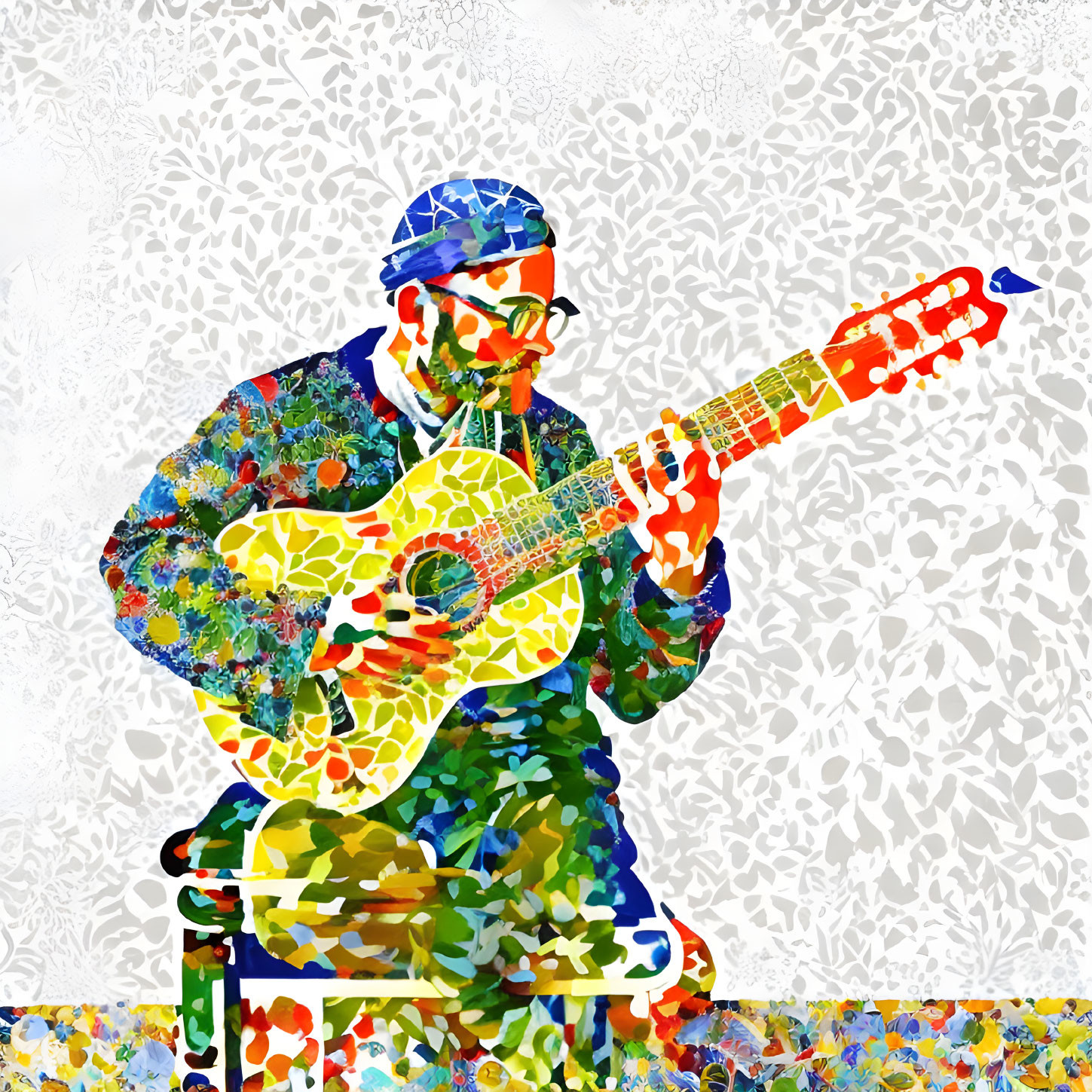 Colorful Mosaic Art: Musician Playing Patterned Guitar on Floral Background