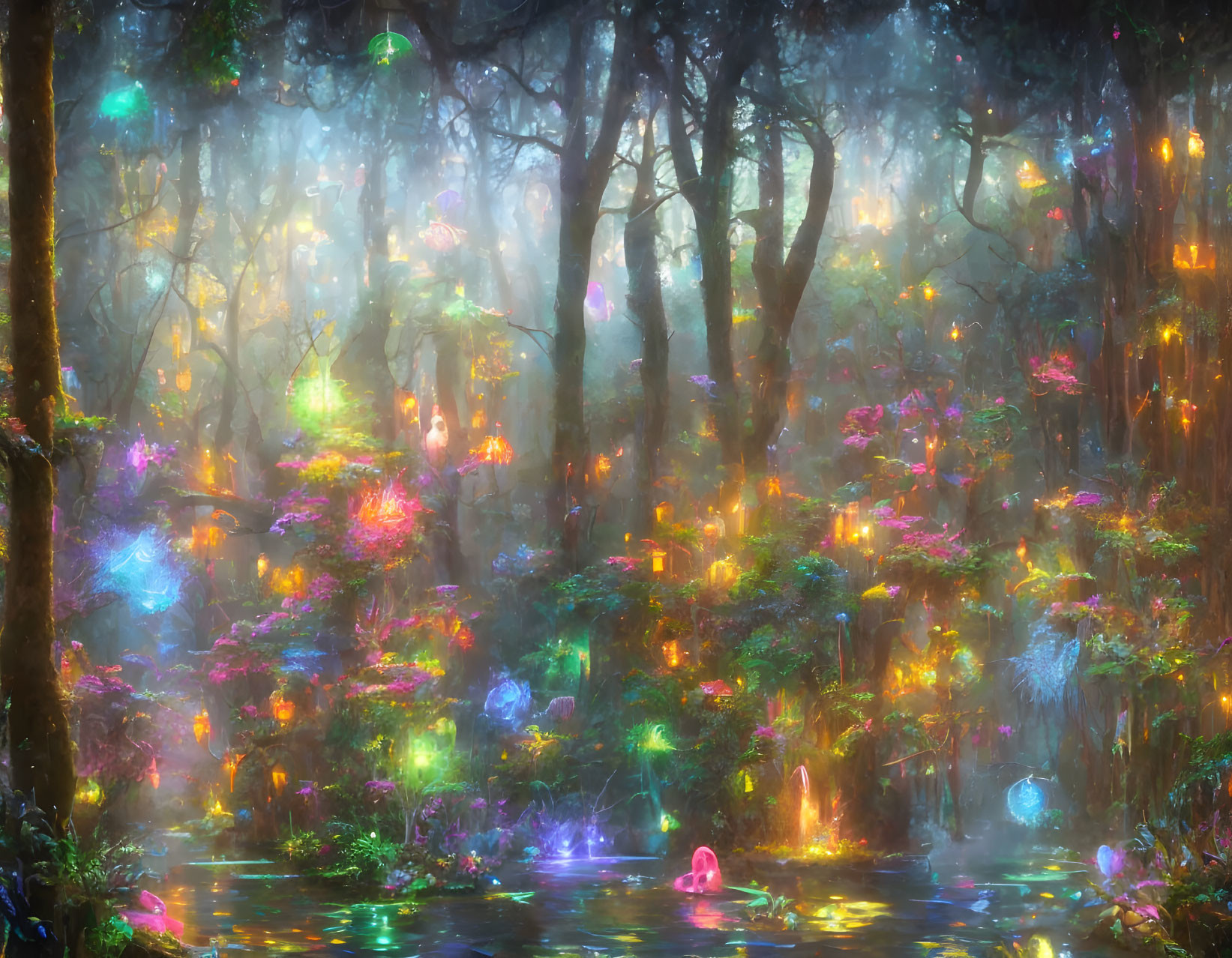 Mystical forest with luminous flora and ethereal glow