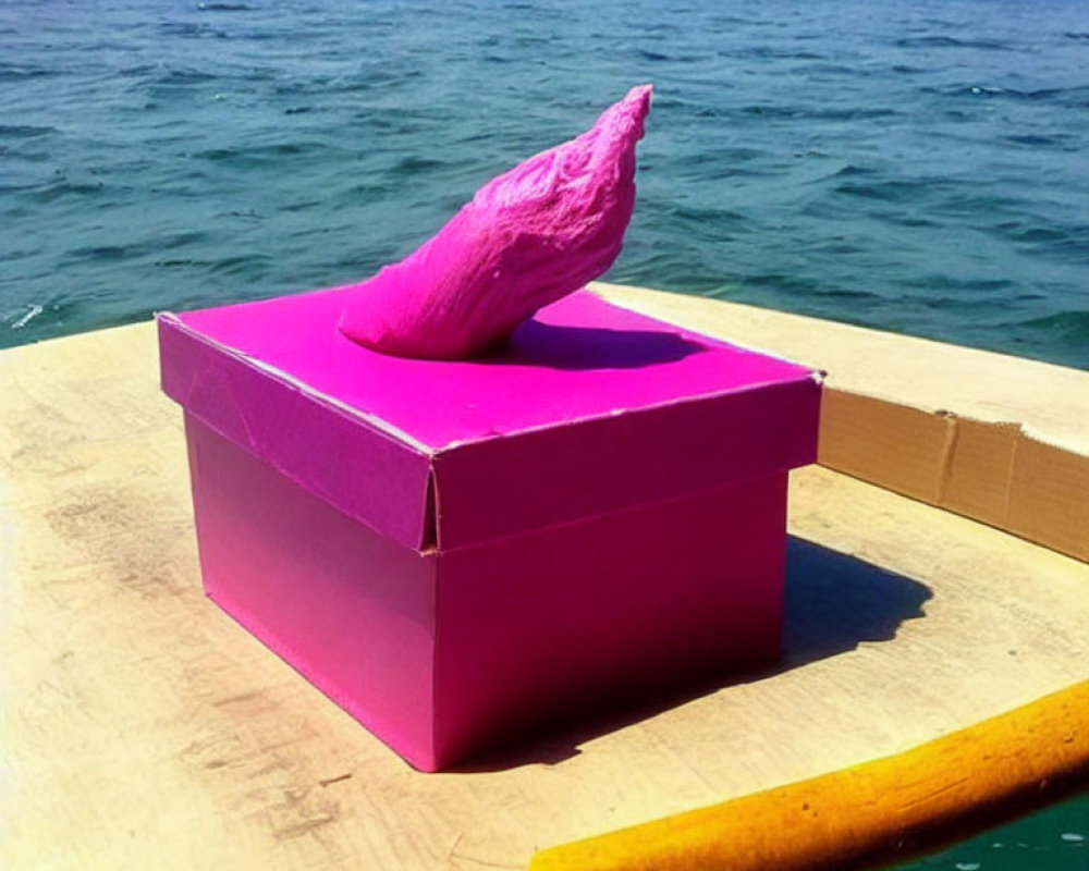 Pink Conch Shell Sculpture on Pink Box Floating on Yellow Boat