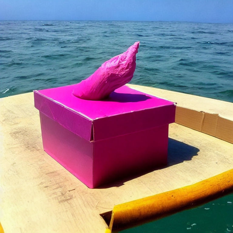 Pink Conch Shell Sculpture on Pink Box Floating on Yellow Boat