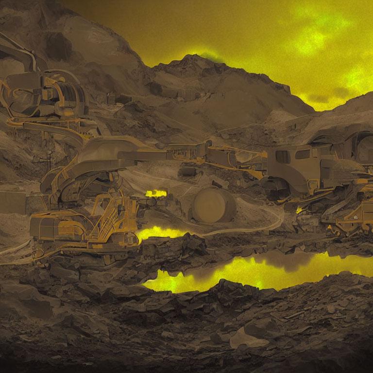 Sepia-Toned Industrial Mining Scene with Large Machinery and Vibrant Yellow Accents