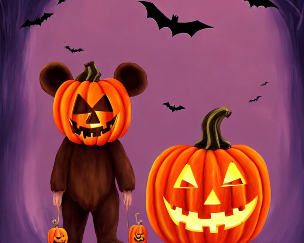 Two pumpkin-headed characters in bear costume and pumpkin, with bats, on purple background