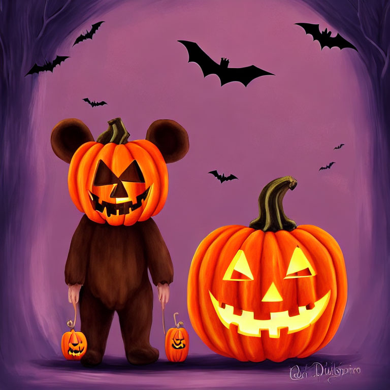 Two pumpkin-headed characters in bear costume and pumpkin, with bats, on purple background