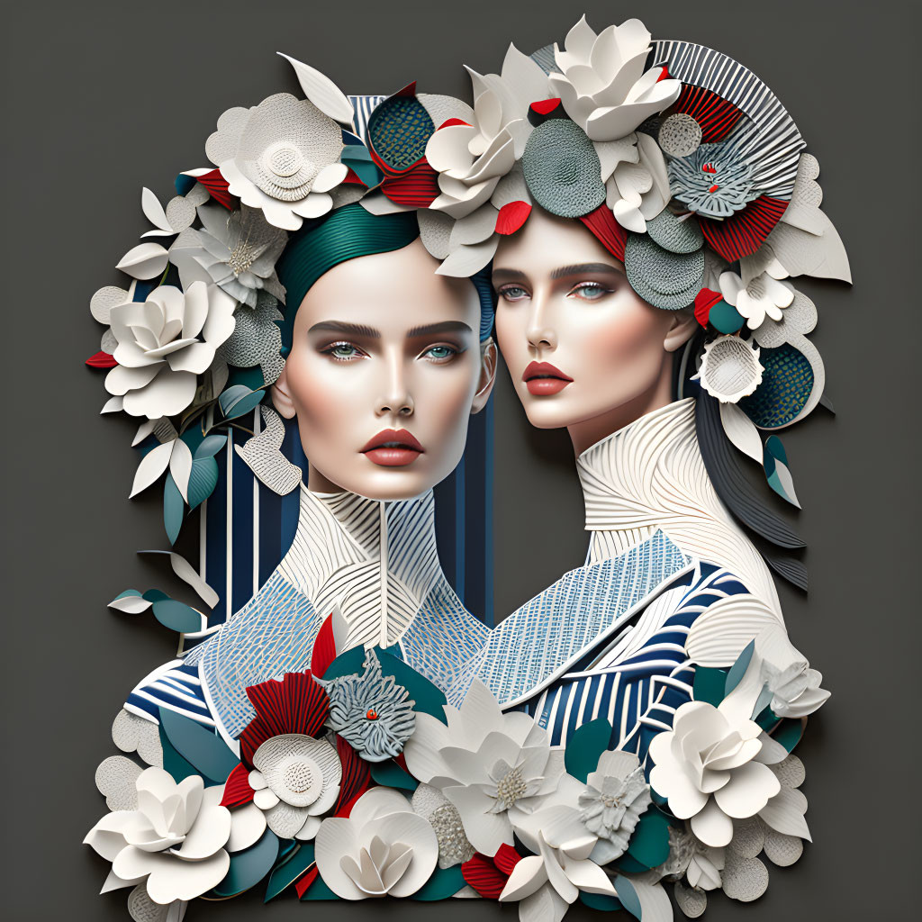 Symmetrical women in floral geometric illustration