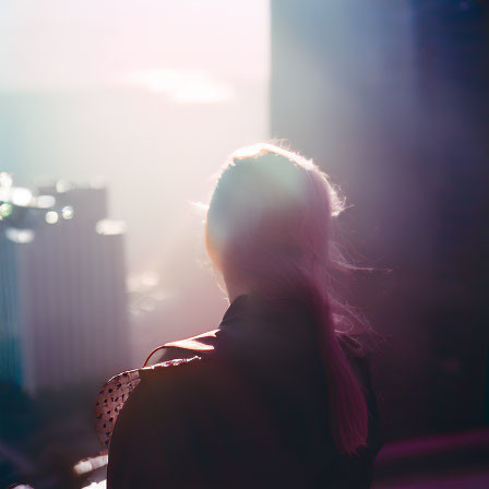 Person's silhouette by window overlooking cityscape at sunset