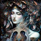 Detailed digital artwork: Woman with flowing hair in blue and gold floral patterns