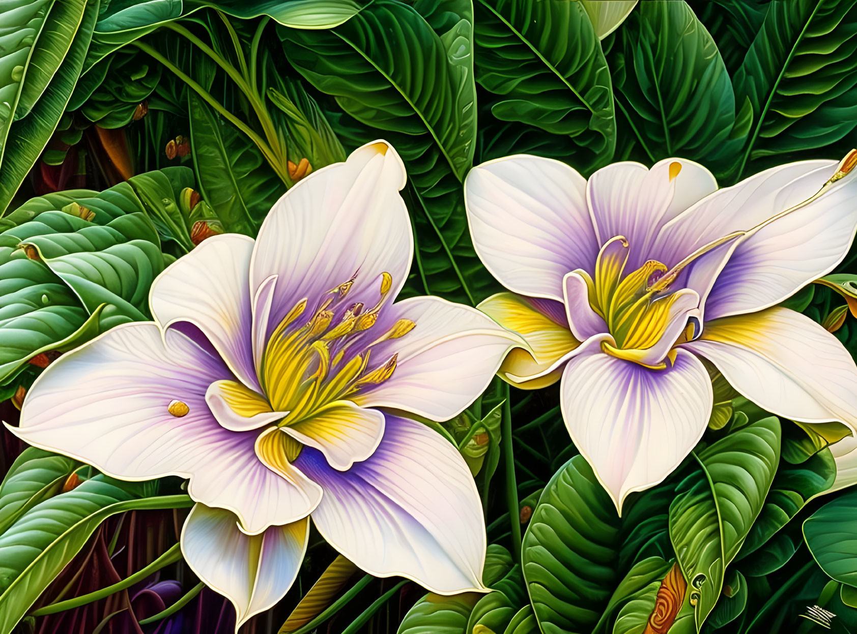 Detailed White and Purple Lilies Illustration with Green Foliage