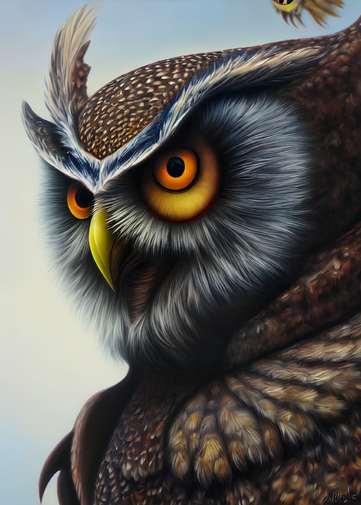 Detailed Great Horned Owl Illustration: Orange Eyes, Tufted Ears, Feather Patterns