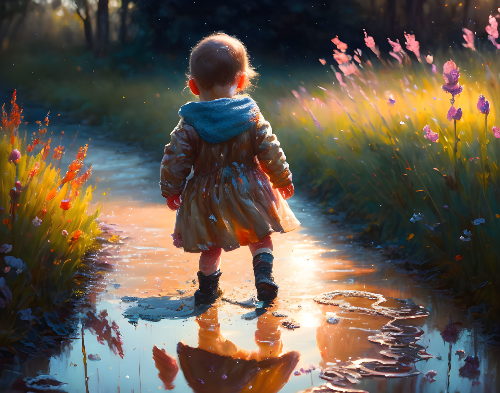 Toddler in coat and boots stands in puddle in vibrant meadow.