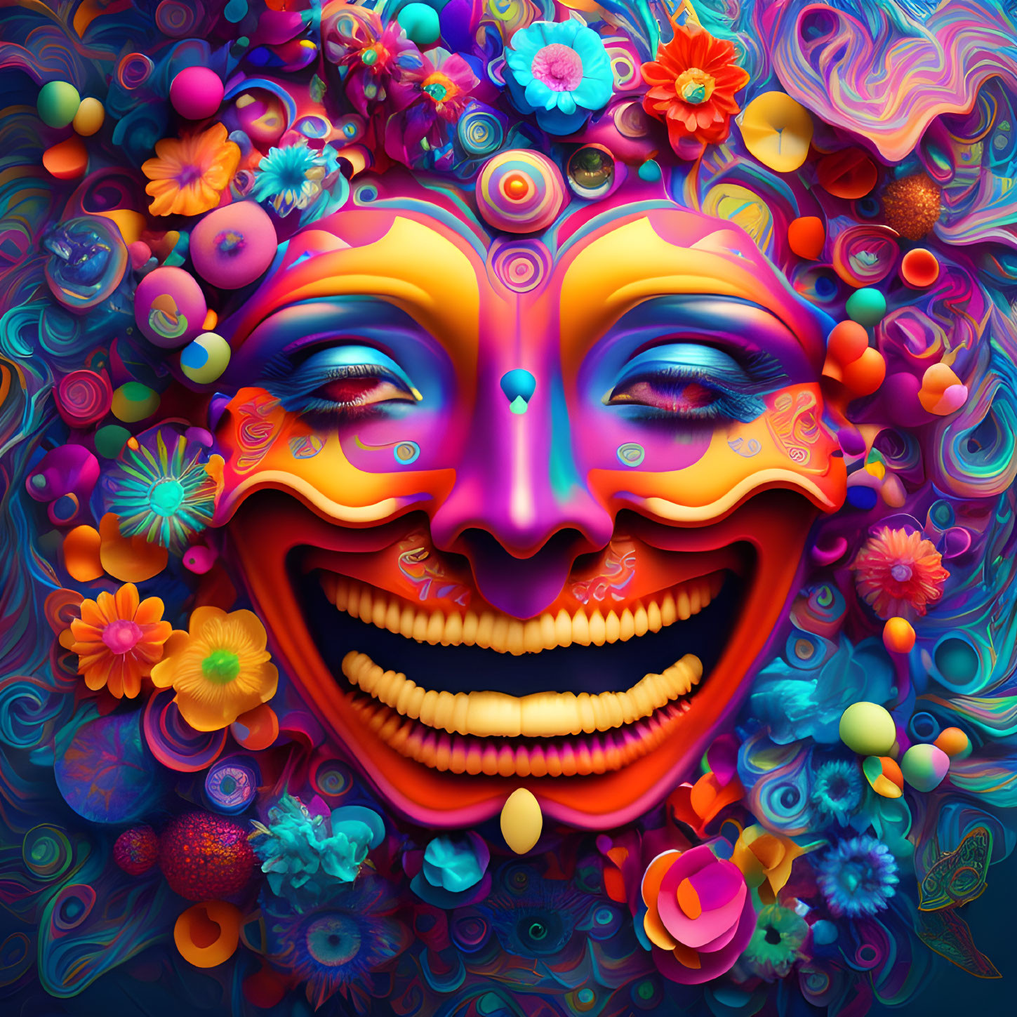 Colorful Smiling Mask Artwork with Floral and Psychedelic Patterns