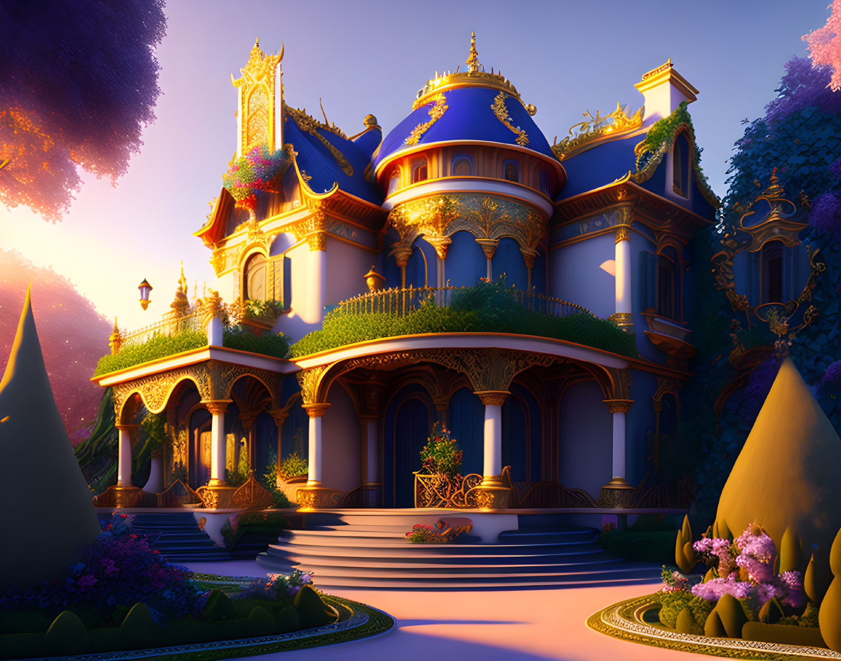 Fantasy mansion with golden roofs and lush gardens