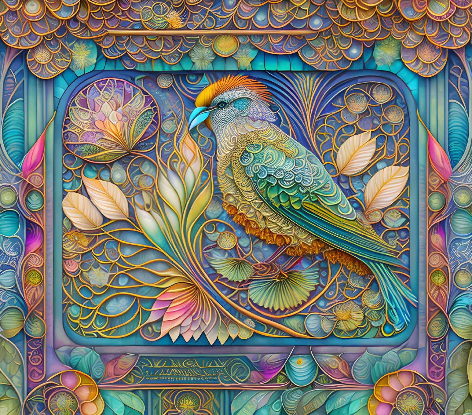 Colorful Peacock Illustration with Ornate Patterns and Floral Border