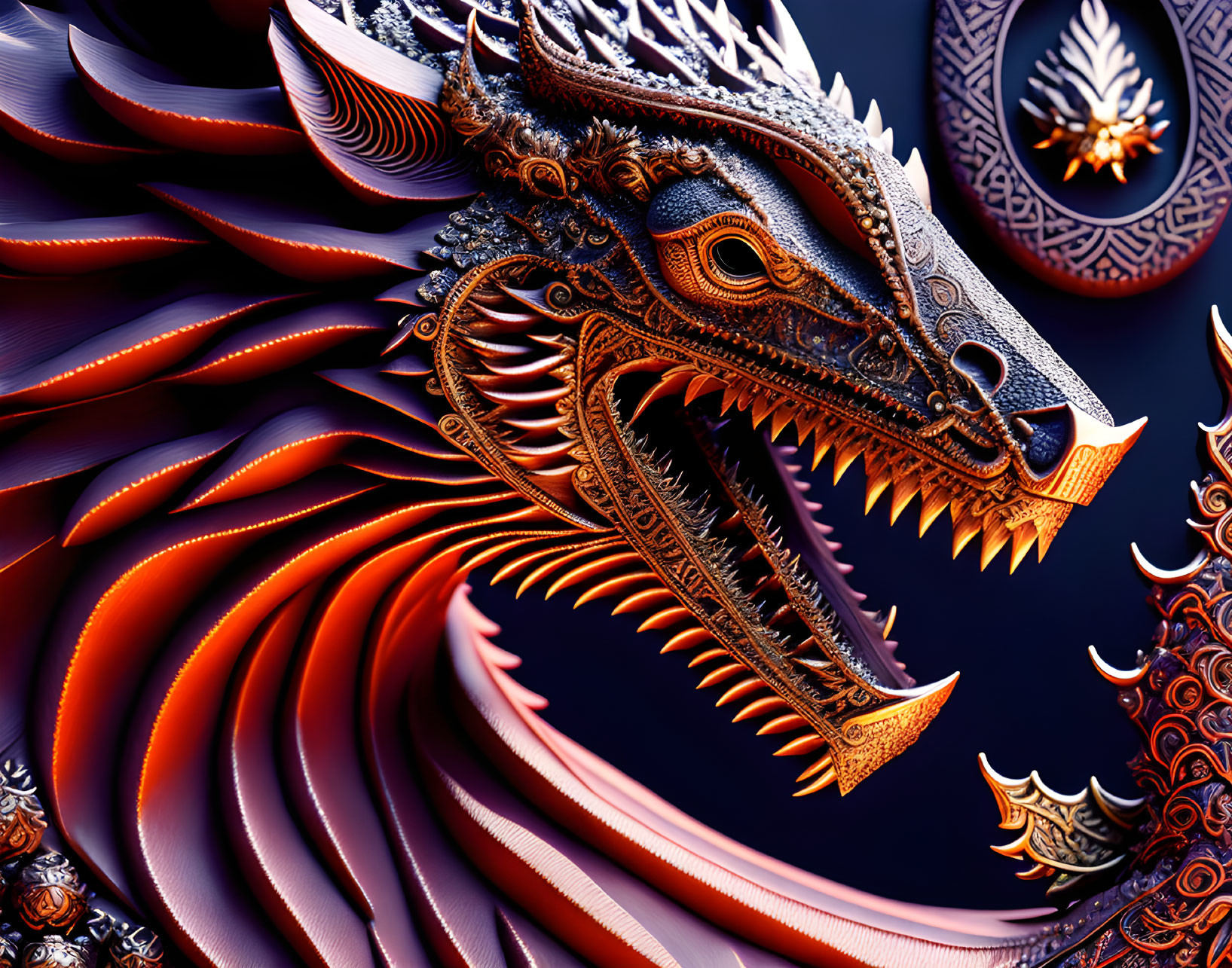 Colorful Digital Artwork: Stylized Dragon with Orange and Purple Scales