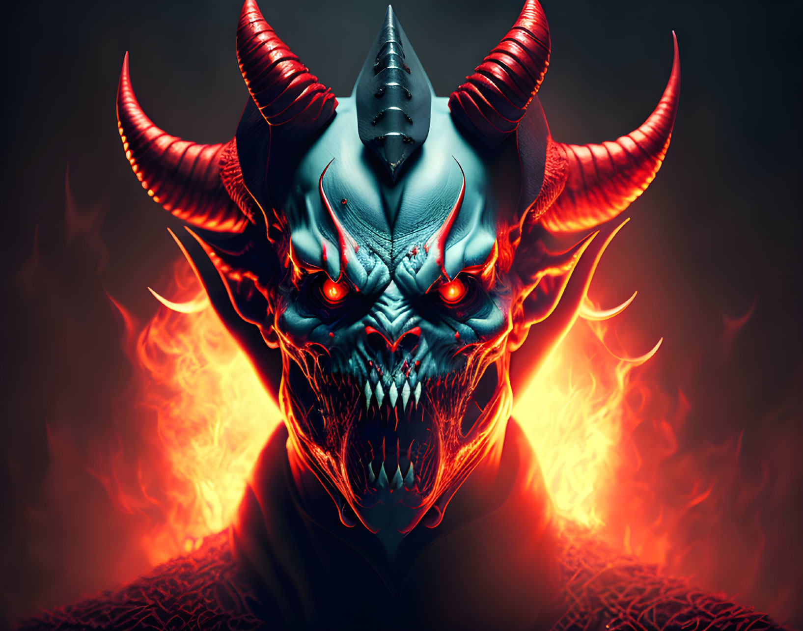 Sinister horned demon with glowing eyes and fiery backdrop