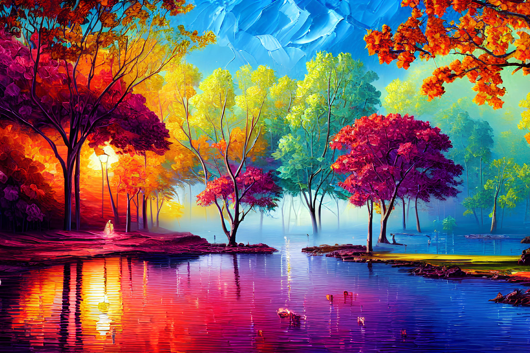 Colorful autumn trees reflecting in serene lake under textured blue sky