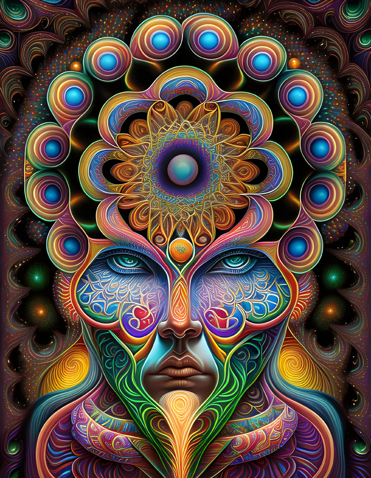 Colorful Abstract Artwork: Face with Multiple Eyes and Psychedelic Patterns